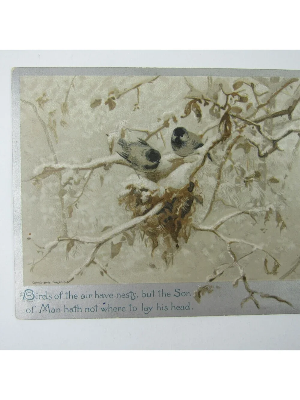 Victorian Greeting Card Birds in Tree Religious Silver Border Antique 1884